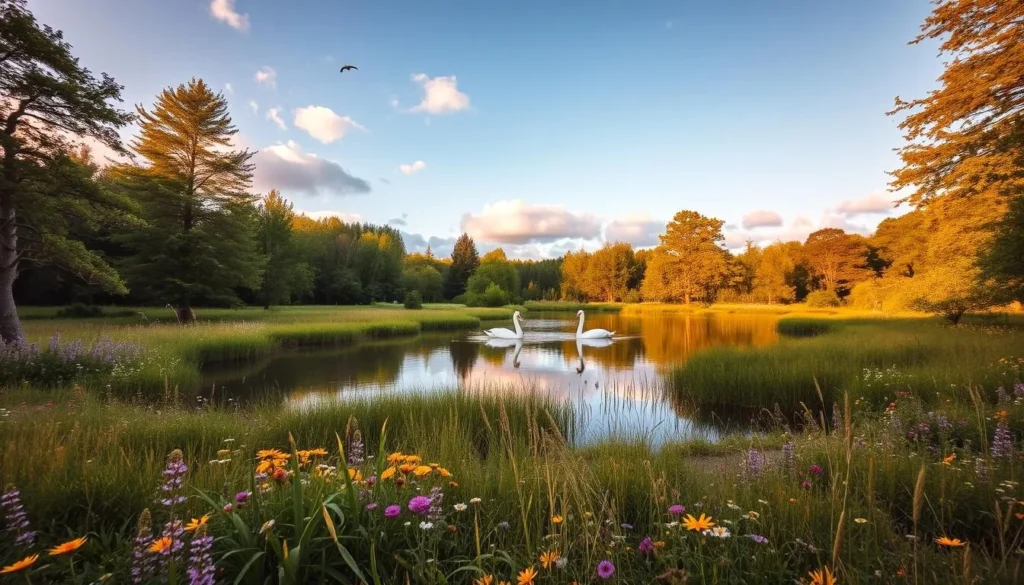 A serene bird sanctuary nestled in the lush greenery of Angso National Park, Sweden. The tranquil pond reflects the soft clouds above, surrounded by a vibrant patchwork of wildflowers. In the foreground, a pair of graceful swans glide across the surface, while various species of birds flit among the reeds and trees. The warm, golden sunlight filters through the canopy, casting a gentle glow over the entire scene. The overall atmosphere exudes a sense of peaceful harmony, inviting visitors to immerse themselves in the beauty of the local flora and fauna.