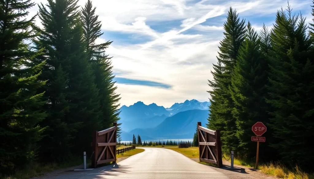 A serene border crossing in Waterton Lakes National Park, the majestic Canadian Rockies rising in the background. Sunlight filters through wispy clouds, casting a warm glow over the scene. In the foreground, a picturesque wooden gate stands open, inviting visitors to cross into the park. Towering evergreen trees flank the path, their verdant boughs swaying gently. The road winds invitingly, leading the eye deeper into the pristine wilderness. Capture the tranquility and natural beauty of this iconic Canadian landscape.