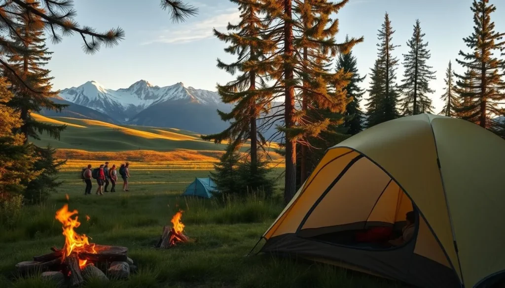 A serene camping scene nestled in the picturesque countryside of Devon, Alberta. In the foreground, a cozy tent with a campfire crackling nearby, casting a warm glow on the surrounding area. Middle ground features a group of hikers exploring the lush, green landscape, with rolling hills and patches of wildflowers in the distance. The background showcases the majestic Canadian Rockies, their snow-capped peaks basking in the soft, golden light of the afternoon sun. A gentle breeze rustles the leaves of the towering pine trees, creating a peaceful, natural ambiance. The overall scene conveys a sense of tranquility and adventure, perfectly capturing the essence of outdoor accommodation options near the charming town of Devon.