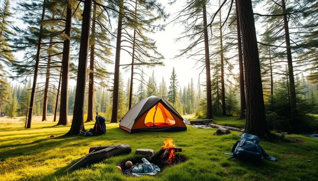 A serene campsite nestled within the verdant expanse of Repovesi National Park, Finland. Towering pines frame a picturesque view, their branches casting dappled shadows across the lush forest floor. A cozy tent stands at the center, its earthy tones blending seamlessly with the natural surroundings. A nearby crackling campfire casts a warm, inviting glow, while a small stream gently babbles in the distance, adding to the tranquil ambiance. Hikers' backpacks and hiking poles rest nearby, hinting at the outdoor adventures that await. The soft, diffused lighting suggests a sun-dappled afternoon, creating a serene and peaceful atmosphere perfect for a restful respite in nature.