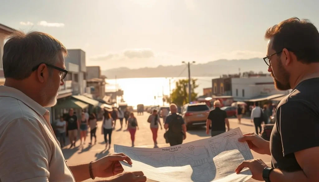 A serene city landscape in Maracaibo, Venezuela, bathed in warm, golden sunlight. In the foreground, a group of locals confer over a hand-drawn map, carefully planning their day's itinerary. In the middle ground, pedestrians stroll along a bustling sidewalk, passing by quaint shops and cafes. In the background, the iconic Lake Maracaibo glistens, framed by the distant Andes mountains. The scene conveys a sense of exploration, discovery, and the excitement of embarking on a new adventure in this vibrant, historic city.