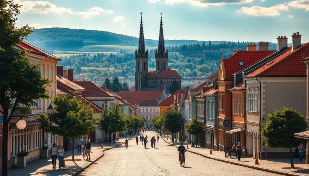 A serene cityscape of Panevezys, Lithuania, bathed in warm, golden sunlight. In the foreground, charming historic buildings with red tiled roofs and ornate facades line the cobblestone streets. Pedestrians and cyclists leisurely navigate the quaint, tree-lined avenues. In the middle ground, the spires of an impressive cathedral rise majestically, its neo-Gothic architecture a testament to the city's rich heritage. The background features rolling hills and lush greenery, creating a picturesque contrast with the urban landscape. The overall scene conveys a sense of tranquility and timeless elegance, inviting the viewer to discover the hidden gems of this captivating Lithuanian city.