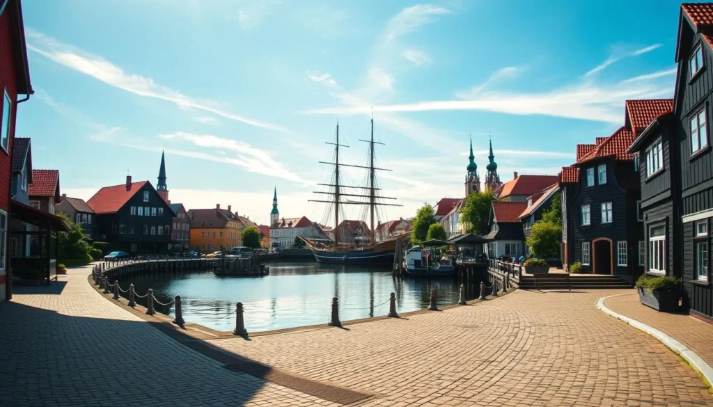 A serene cityscape of Rauma, Finland on a pleasant summer day. In the foreground, cobblestone streets wind through the historic wooden buildings, their vibrant colors and intricate architecture reflecting in the calm waters of the harbor. In the middle ground, a traditional wooden ship sails gracefully, its masts and rigging silhouetted against the clear blue sky. In the background, the red-roofed houses and church steeples of the old town rise up, surrounded by lush green foliage. Warm sunlight filters through wispy clouds, casting a soft, inviting glow over the entire scene. A tranquil, picturesque snapshot of Rauma's charming old town, capturing its timeless beauty and maritime essence.