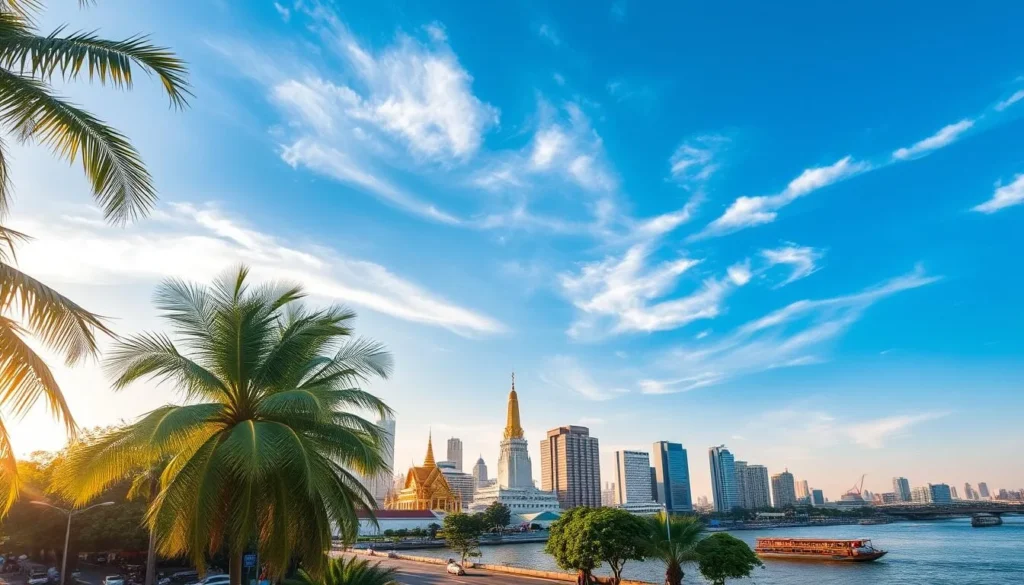 A serene cityscape under a clear, azure sky dotted with wispy cirrus clouds. The foreground features lush, verdant palm trees swaying gently in a cool breeze, their fronds casting dappled shadows on the bustling streets below. In the middle ground, iconic high-rise buildings and ancient gilded temples stand in harmonious contrast, bathed in the warm, golden light of the afternoon sun. The background showcases the majestic Chao Phraya River, its waters shimmering like glass, with traditional longtail boats gliding peacefully across its surface. The overall mood is one of tranquility and comfort, capturing the essence of Bangkok's pleasant cool season. A serene cityscape under a clear, azure sky dotted with wispy cirrus clouds. The foreground features lush, verdant palm trees swaying gently in a cool breeze, their fronds casting dappled shadows on the bustling streets below. In the middle ground, iconic high-rise buildings and ancient gilded temples stand in harmonious contrast, bathed in the warm, golden light of the afternoon sun. The background showcases the majestic Chao Phraya River, its waters shimmering like glass, with traditional longtail boats gliding peacefully across its surface. The overall mood is one of tranquility and comfort, capturing the essence of Bangkok's pleasant cool season.