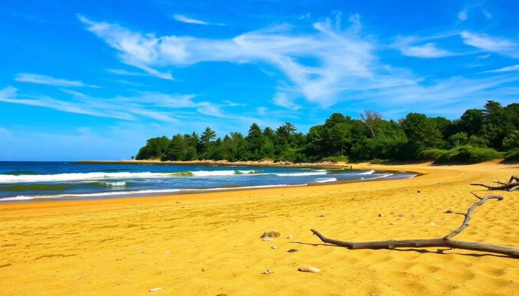 A serene coastal landscape at Silver Sands State Park in Connecticut. In the foreground, a golden sandy beach stretches out, dotted with driftwood and seashells. The middle ground features gentle waves lapping at the shore, their crests glistening in the warm sunlight. In the background, a line of verdant pine trees and lush foliage frame the scene, creating a natural, tranquil atmosphere. The sky is a brilliant blue, with wispy clouds drifting overhead. The overall mood is one of peaceful contemplation, inviting visitors to take in the beauty of this picturesque seaside park.