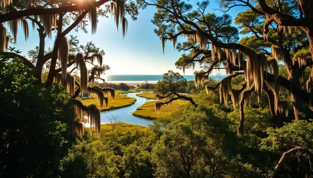 A serene coastal landscape on Ossabaw Island, Georgia. Lush maritime forests in the foreground, dotted with towering live oak trees draped in Spanish moss. In the middle ground, a tranquil tidal creek winds through salt marshes, reflecting the clear blue sky above. In the distance, a picturesque sandy beach stretches along the island's edge, framed by the gently lapping waves of the Atlantic Ocean. Warm sunlight filters through the canopy, casting a golden glow over the scene. A sense of unspoiled natural beauty and solitude pervades the atmosphere.