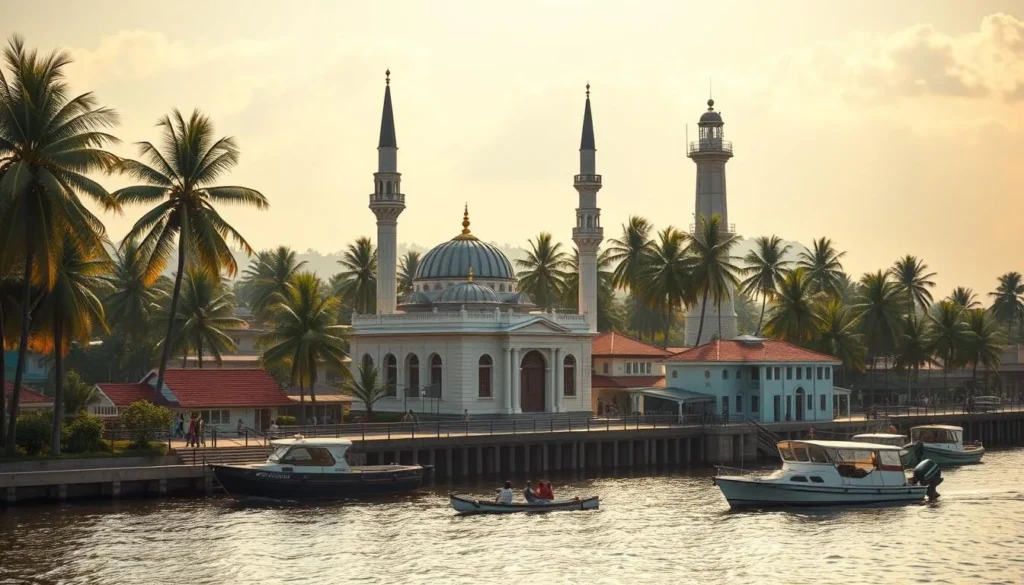 A serene coastal town nestled along the Arabian Sea, Kayamkulam's rich historical tapestry unfolds amidst lush coconut groves and picturesque canals. Capture the essence of this vibrant Kerala destination with a sun-dappled scene showcasing its iconic landmarks - the ancient Kayamkulam Mosque, the iconic Alappuzha Lighthouse, and the bustling harbor. Utilize a warm, golden-hour lighting that casts a nostalgic glow, framed by swaying palm trees and a tranquil waterscape. Convey a sense of timeless charm and local culture through the harmonious interplay of architectural details and natural elements. Render this scene with a photorealistic style, inviting the viewer to immerse themselves in Kayamkulam's captivating historical past.