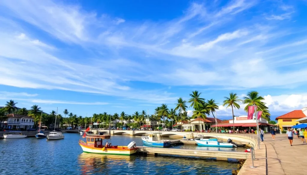 A serene coastal town nestled along the Caribbean shores, Cabimas stands as a picturesque gateway to Venezuela's natural wonders. Capture the tranquil harbor, where fishing boats gently sway in the warm breeze, their colorful hulls reflected in the calm waters. In the distance, palm trees sway, their fronds casting dappled shadows on the sun-drenched promenade. Pedestrians stroll leisurely, taking in the lively atmosphere of seaside cafes and bustling markets. An azure sky, dotted with wispy clouds, sets the stage for this idyllic scene, inviting the viewer to embark on an unforgettable journey to Cabimas.