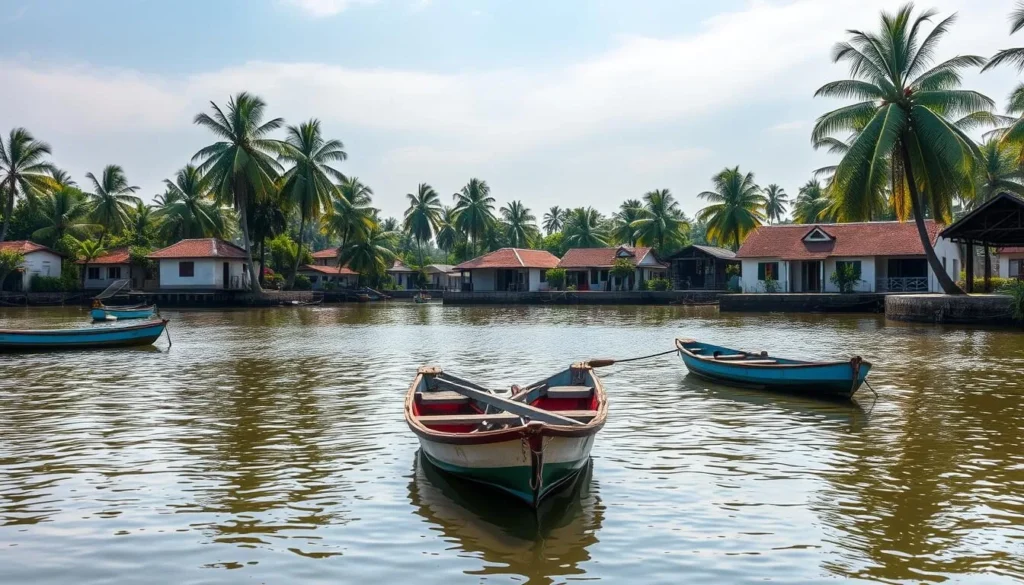 A serene coastal town nestled along the lush backwaters of Kerala, Kayamkulam is a picturesque haven. Capture the essence of this hidden gem with a sun-dappled scene. In the foreground, weathered fishing boats bob gently on the tranquil waters, their vibrant hues mirrored in the placid surface. Surrounding them, verdant palm trees sway softly in the warm breeze. In the middle ground, traditional Kerala-style houses with terracotta roofs and whitewashed walls line the banks, their reflections dancing on the surface. Stretch to the horizon, where the boundless sky blends seamlessly with the shimmering backwaters, creating a serene and timeless atmosphere. Use a wide-angle lens to convey the expansive, peaceful nature of this idyllic location.