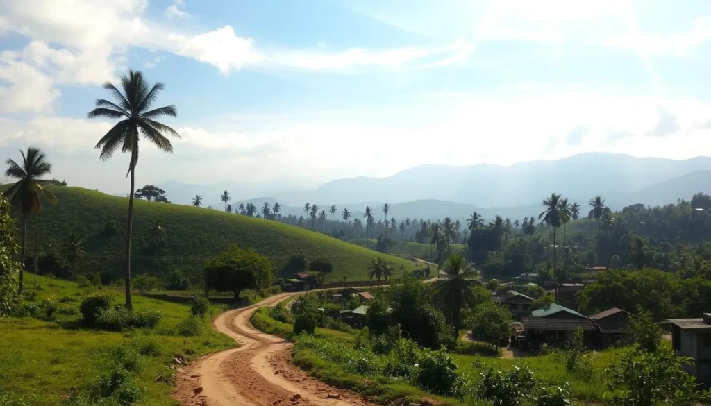 A serene countryside landscape in Kalyan-Dombivli, Maharashtra, on a pleasant spring day. Rolling green hills dotted with lush foliage and towering palm trees in the middle ground. In the foreground, a winding dirt path leads through a quaint village, with traditional houses and colorful markets. Warm, diffused sunlight filters through wispy clouds, casting a soft, golden glow across the scene. In the distance, the silhouettes of majestic mountains rise against a bright, azure sky. An atmosphere of tranquility and rustic charm pervades the entire composition.