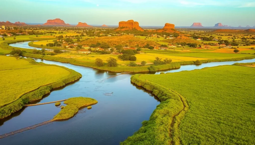 A serene countryside landscape unfolds, showcasing the natural wonders surrounding Warangal. In the foreground, a winding river meanders through lush, verdant fields, its gentle waters reflecting the azure sky above. Dotting the middle ground, clusters of picturesque villages with traditional architecture sit nestled amidst rolling hills, their terracotta roofs glistening in the warm, golden sunlight. In the distance, majestic rock formations and ancient fortresses rise, hinting at the rich cultural heritage of the region. The scene exudes a sense of tranquility and adventure, inviting the viewer to explore the captivating day trip destinations that Warangal has to offer. A serene countryside landscape unfolds, showcasing the natural wonders surrounding Warangal. In the foreground, a winding river meanders through lush, verdant fields, its gentle waters reflecting the azure sky above. Dotting the middle ground, clusters of picturesque villages with traditional architecture sit nestled amidst rolling hills, their terracotta roofs glistening in the warm, golden sunlight. In the distance, majestic rock formations and ancient fortresses rise, hinting at the rich cultural heritage of the region. The scene exudes a sense of tranquility and adventure, inviting the viewer to explore the captivating day trip destinations that Warangal has to offer.
