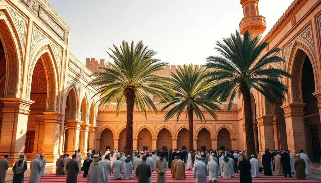 A serene courtyard of a historic mosque in Medina, Saudi Arabia, bathed in warm, golden sunlight. Intricate Islamic architecture adorns the facades, with ornate arches, intricate tilework, and towering minarets. In the foreground, a group of worshippers gather for prayer, their robes flowing gracefully. In the middle ground, lush palm trees sway gently, casting soft shadows across the scene. The background features the city's ancient walls, evoking a sense of timelessness and reverence. The atmosphere is one of profound tranquility and spiritual contemplation.