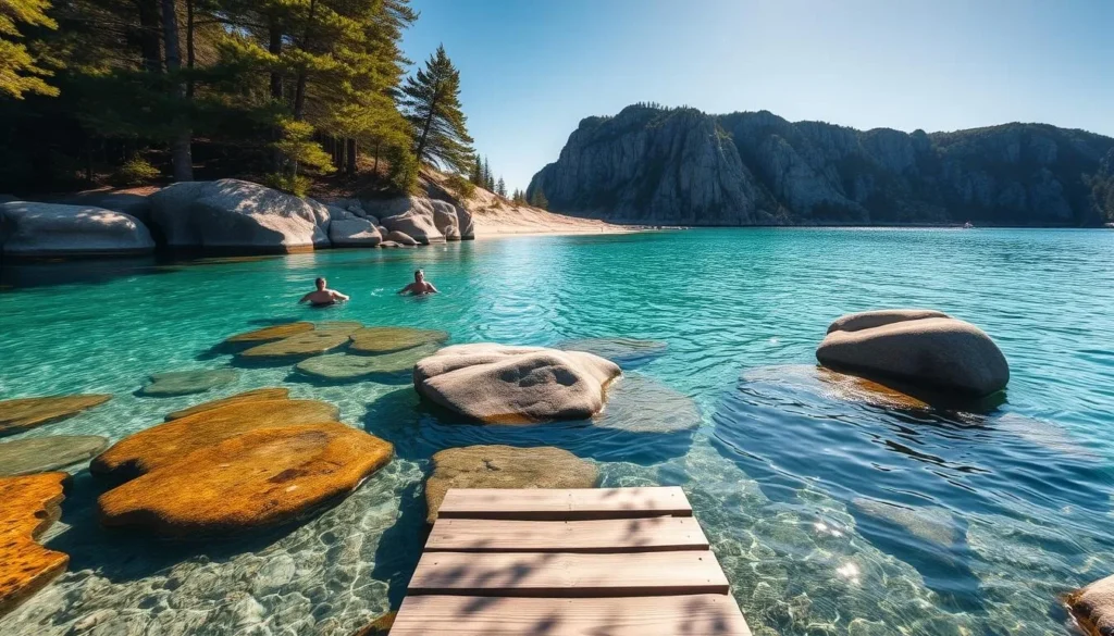 A serene cove on the shores of Vinga Island, Sweden, with crystal-clear turquoise waters lapping against smooth, sun-warmed granite boulders. Sunlight filters through the canopy of pine and birch trees, casting a warm, golden glow on the scene. In the foreground, a wooden dock extends into the inviting waters, beckoning swimmers to dive in and enjoy the refreshing coolness. In the middle ground, a small, secluded beach lined with soft, sandy dunes provides a tranquil spot to relax and soak up the peaceful ambiance. In the distance, the rugged, wind-swept cliffs of the island rise up, creating a dramatic backdrop to this idyllic swimming spot.