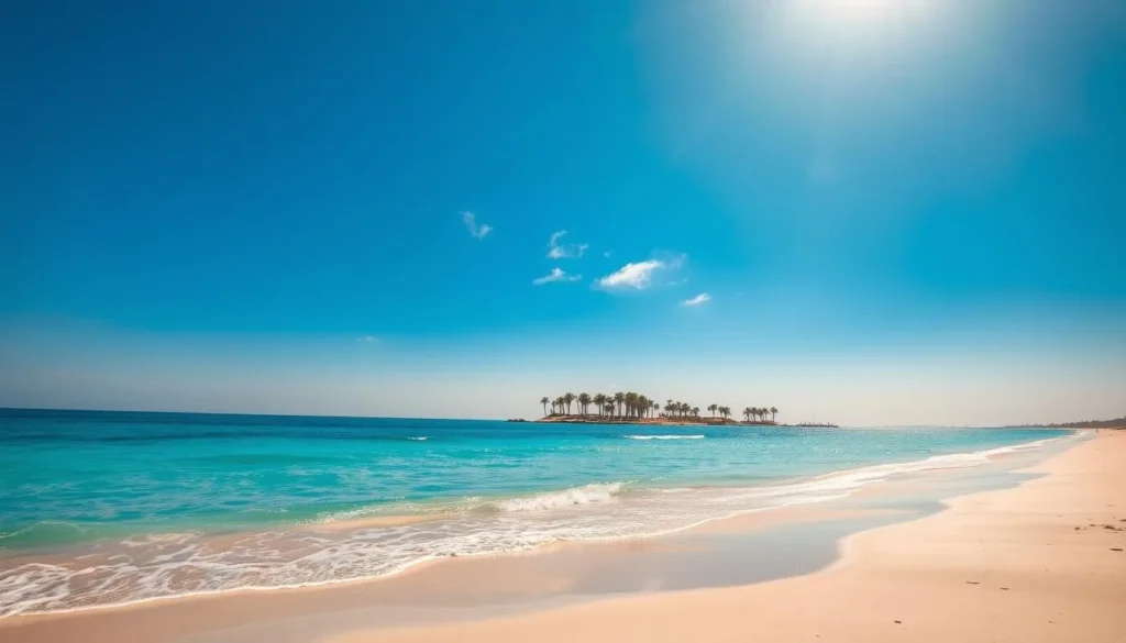 A serene day in Salwa, Kuwait, with a warm, golden sun casting a gentle glow over the tranquil landscape. A picturesque beach scene unfolds, featuring pristine white sand and crystal-clear azure waters lapping at the shore. In the distance, palm trees sway gently in the soft breeze, their fronds casting dappled shadows. The sky is a brilliant shade of blue, with a few wispy clouds drifting overhead. The scene evokes a sense of calm and relaxation, perfectly capturing the ideal time to visit Salwa and experience its natural beauty.