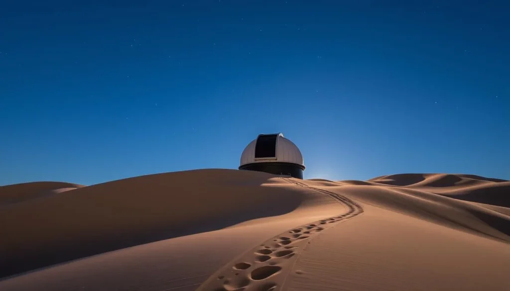 A serene evening at the Bruneau Dunes Observatory, nestled within the dramatic sand dunes of Bruneau Dunes State Park, Idaho. The large telescope stands tall, its sleek black frame silhouetted against the clear, starry sky. Soft moonlight illuminates the undulating dunes, casting long shadows and creating a sense of tranquility. In the foreground, a path winds through the sand, inviting visitors to gaze upwards and explore the wonders of the cosmos. The observatory's dome-shaped structure blends seamlessly with the natural landscape, creating a harmonious and awe-inspiring scene perfect for stargazing enthusiasts.