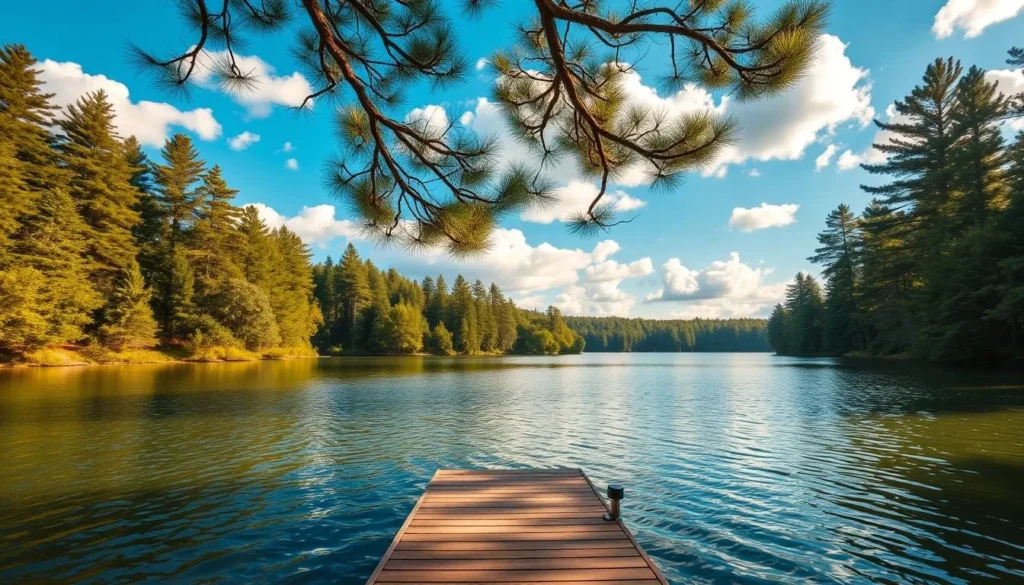 A serene fishing lake nestled among lush, verdant forests. In the foreground, a wooden dock extends into the calm, glistening waters, inviting anglers to cast their lines. Towering pines and oaks frame the scene, their branches casting soft, dappled shadows across the surface. A vibrant blue sky is dotted with fluffy white clouds, the perfect backdrop for this tranquil outdoor retreat. The lighting is warm and golden, creating a cozy, inviting atmosphere. Capture the essence of a peaceful day spent fishing in the heart of nature. A serene fishing lake nestled among lush, verdant forests. In the foreground, a wooden dock extends into the calm, glistening waters, inviting anglers to cast their lines. Towering pines and oaks frame the scene, their branches casting soft, dappled shadows across the surface. A vibrant blue sky is dotted with fluffy white clouds, the perfect backdrop for this tranquil outdoor retreat. The lighting is warm and golden, creating a cozy, inviting atmosphere. Capture the essence of a peaceful day spent fishing in the heart of nature.