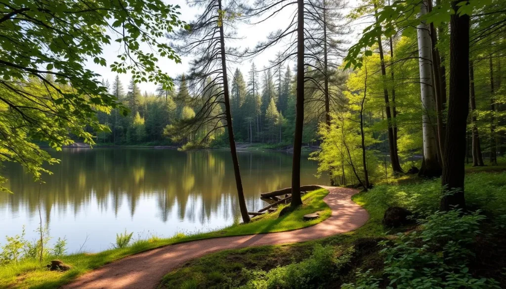 A serene forest bathing scene near the tranquil Black Lake in Czechia. Lush green foliage surrounds the still, mirror-like waters, reflecting the gentle sunlight filtering through the canopy above. Towering pines and birch trees line the shore, creating a peaceful, natural atmosphere. In the foreground, a winding path leads visitors towards the lake's edge, inviting them to immerse themselves in the calming ambiance. The overall scene evokes a sense of tranquility and harmony with nature, perfectly capturing the essence of the "Black Lake, Czechia: Best Things to Do - Top Picks" section.