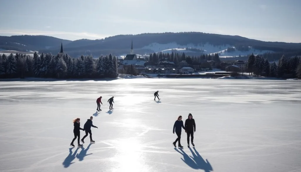 A serene frozen lake Hjalmaren in Sweden, glistening under the soft winter sunlight. In the foreground, a group of people ice skating, their figures gracefully gliding across the smooth, icy surface. The middle ground reveals snow-capped pine trees lining the shore, casting long shadows over the scene. In the background, a picturesque village nestled amidst rolling hills, its charming buildings and church steeple creating a cozy, idyllic atmosphere. The crisp, clear air and the gentle breeze add to the tranquil, peaceful mood. Capture this winter wonderland in a wide-angle shot, using a lens that accentuates the depth and expansiveness of the landscape.