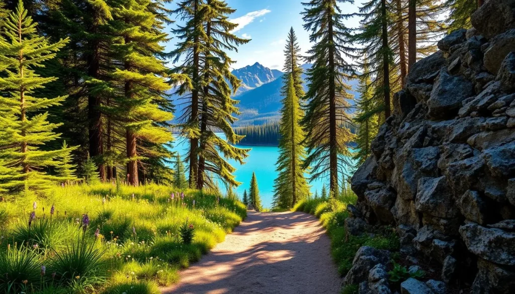 A serene hiking trail winds through a lush, verdant forest, with towering evergreen trees casting dappled shadows on the well-trodden path. Vibrant wildflowers dot the forest floor, adding pops of color to the tranquil scene. Ahead, the trail opens up to reveal a stunning vista of Crooked Lake, its turquoise waters shimmering under the warm, golden sunlight. Rugged, snow-capped peaks rise in the distance, creating a dramatic backdrop for this idyllic landscape. The trail is framed by rugged, rocky outcroppings, hinting at the adventurous terrain that lies ahead. Capture the serene, peaceful atmosphere of this hiking trail, inviting the viewer to embark on an unforgettable journey through the stunning natural beauty of Crooked Lake, British Columbia.