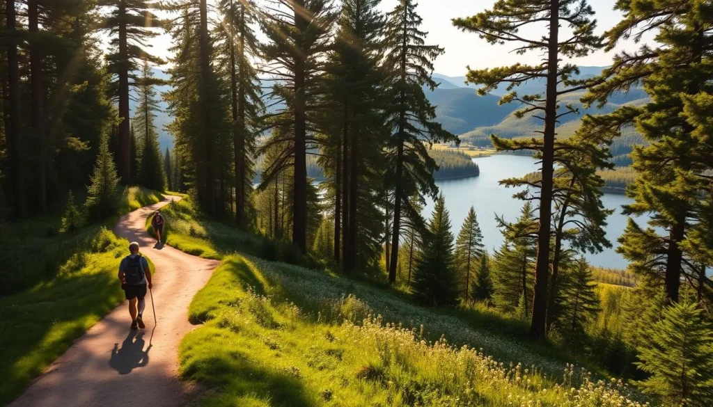 A serene hiking trail winds through a verdant Swedish forest, with sunbeams filtering through the lush canopy of towering pines. The path meanders alongside a glistening lake, its tranquil waters reflecting the surrounding landscape. In the distance, rolling hills dotted with wildflowers provide a picturesque backdrop. Hikers explore the trail, captivated by the natural beauty and peacefulness of the scene. The warm, diffused lighting casts a soft, golden glow, creating an inviting and serene atmosphere.