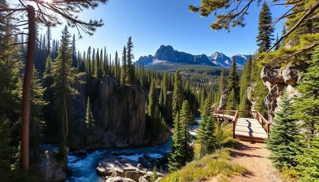 A serene hiking trail winds through lush evergreen forests, leading to a stunning vista of Johnson Canyon's rocky cliffs and cascading waterfalls. Sunlight filters through the canopy, casting a warm glow on the rugged terrain. In the foreground, a wooden bridge crosses a crystalline stream, inviting hikers to explore the natural wonder of this picturesque landscape. The middle ground showcases the canyon's majestic walls, sculpted by the passage of time and the flow of water. In the distance, towering peaks rise against a backdrop of clear, azure skies, creating a breathtaking panorama. Capture the essence of this enchanting natural setting, where the beauty of Alberta's wilderness is on full display.