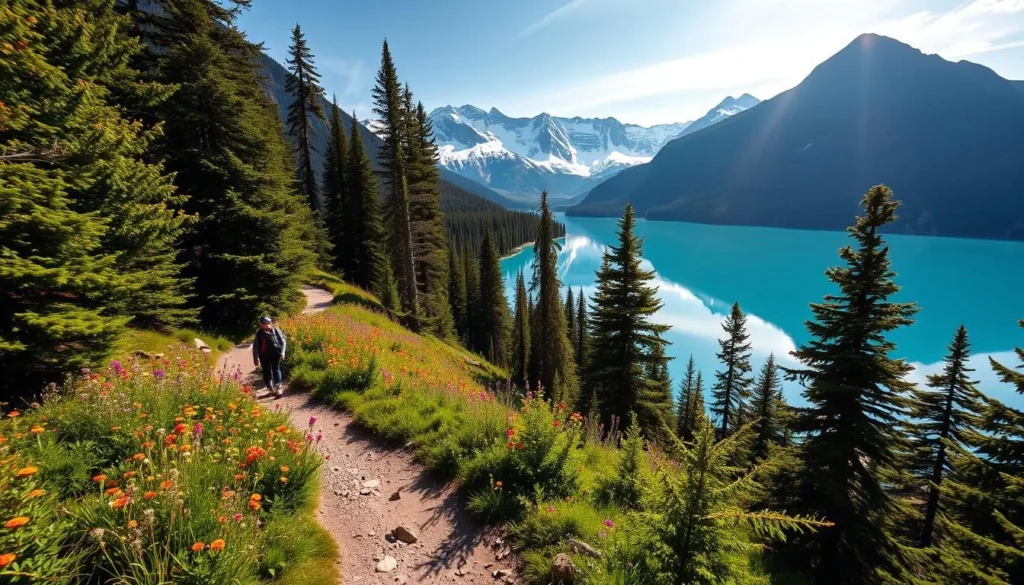 A serene hiking trail winds through the lush, evergreen forests of the Canadian Rockies, leading to the breathtaking, turquoise waters of Peyto Lake. Vibrant wildflowers dot the verdant landscape, while majestic snow-capped peaks rise in the distance, casting dramatic shadows across the scene. The sun filters through the canopy, creating a warm, dappled light that illuminates the trail and reflects off the still, mirror-like surface of the lake. Hikers can be seen strolling along the path, taking in the awe-inspiring, pristine natural beauty that surrounds them. The overall atmosphere is one of serenity, tranquility, and a deep connection with the great outdoors.
