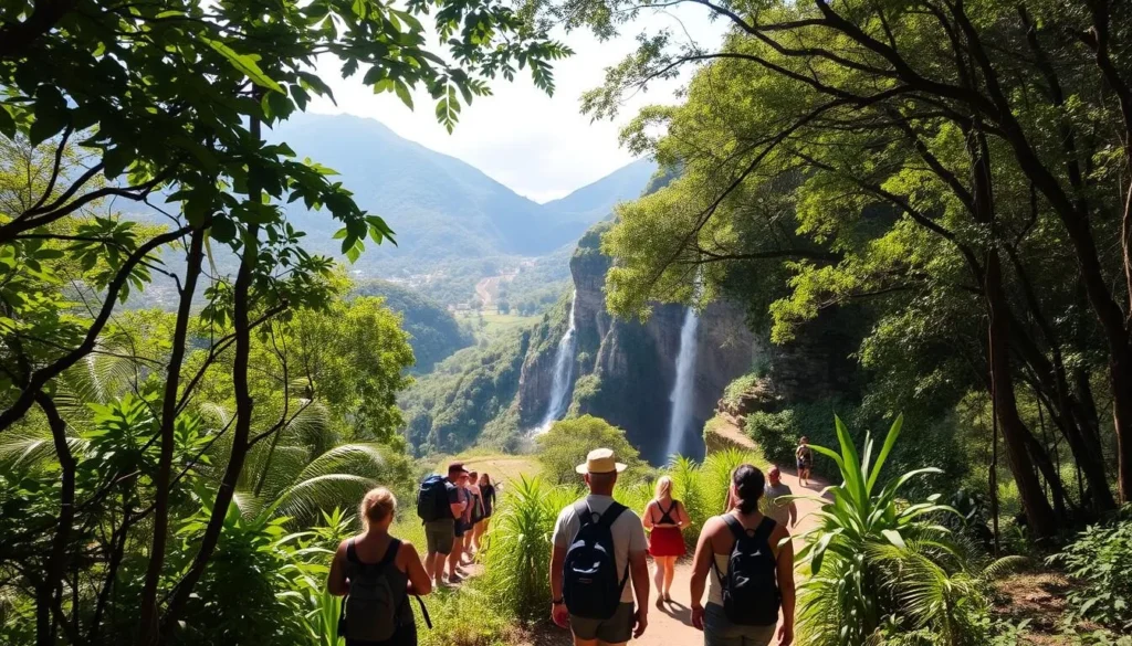 A serene hiking trail winds through the lush, verdant foliage of Boa Nova National Park. Sunlight filters through the canopy, casting a warm, natural glow on the scene. In the foreground, a group of tourists, led by an enthusiastic guide, explores the park's diverse flora and fauna. The middle ground features a picturesque viewpoint, offering a panoramic vista of the surrounding mountains and valleys. In the background, a majestic waterfall cascades down the rocky cliffs, creating a soothing ambiance. The overall atmosphere evokes a sense of tranquility and wonder, perfectly capturing the essence of a guided tour in this remarkable Brazilian national park.
