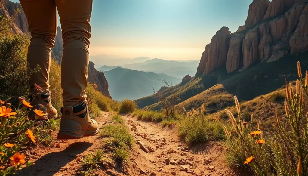 A serene hiking trail winds through the rolling Zarqa hills, bathed in warm, golden sunlight. In the foreground, sturdy boots tread over a dusty path flanked by vibrant wildflowers and verdant foliage. Towering limestone cliffs rise majestically in the middle ground, their rugged textures contrasted by the soft, hazy blue sky above. Distant peaks and valleys stretch out in the background, creating a sense of peaceful isolation and natural wonder. The overall scene evokes a tranquil, contemplative mood, inviting the viewer to immerse themselves in the beauty of Zarqa's unspoiled wilderness.