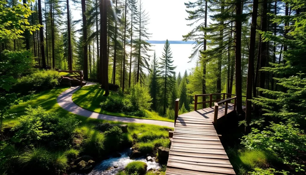 A serene hiking trail winds through the verdant forests surrounding the tranquil waters of Lake Kallavesi. Sunlight filters through the lush canopy, casting a warm glow on the well-maintained path. In the foreground, a wooden bridge spans a gently flowing stream, inviting visitors to pause and take in the peaceful scenery. The middle ground features towering pines and birch trees, their vibrant foliage creating a natural symphony of colors. In the distance, the shimmering surface of the lake reflects the surrounding landscape, creating a picturesque vista. The overall atmosphere is one of tranquility and natural beauty, perfect for nature enthusiasts seeking a restorative outdoor experience.