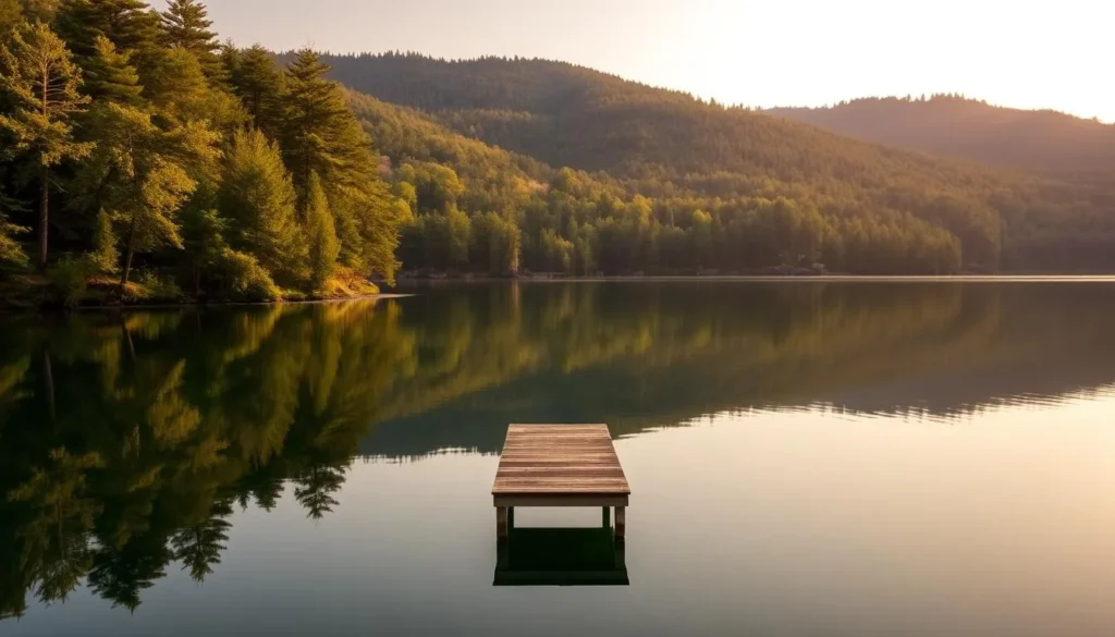 A serene lake nestled amidst the rolling hills of South Bohemia, Sec Reservoir is a hidden gem. Capture the tranquil waters reflecting the lush, verdant shores, dotted with towering pines and leafy deciduous trees. In the foreground, a small wooden dock juts out into the calm, mirror-like surface, inviting visitors to pause and take in the peaceful scene. The background showcases the gently sloping, forested hills that frame the reservoir, bathed in the warm, golden glow of the sun. Depict a picturesque, late summer day, with a soft, hazy atmosphere and diffused lighting that casts a serene, almost dreamlike quality over the landscape.