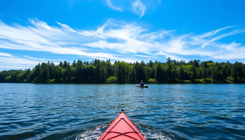 A serene lake nestled in the lush, verdant landscape of Minnesota, Lake Johanna beckons with its calm, shimmering waters. In the foreground, a sleek kayak glides effortlessly across the surface, its pilot navigating with precise strokes. Towering pine trees line the shoreline, casting gentle shadows on the water. The sky above is a brilliant blue, with wispy clouds drifting lazily overhead, creating a soft, natural lighting that highlights the tranquil scene. The overall atmosphere evokes a sense of peace and relaxation, perfectly capturing the essence of the "Water Activities at Lake Johanna" section of the article. A serene lake nestled in the lush, verdant landscape of Minnesota, Lake Johanna beckons with its calm, shimmering waters. In the foreground, a sleek kayak glides effortlessly across the surface, its pilot navigating with precise strokes. Towering pine trees line the shoreline, casting gentle shadows on the water. The sky above is a brilliant blue, with wispy clouds drifting lazily overhead, creating a soft, natural lighting that highlights the tranquil scene. The overall atmosphere evokes a sense of peace and relaxation, perfectly capturing the essence of the "Water Activities at Lake Johanna" section of the article.