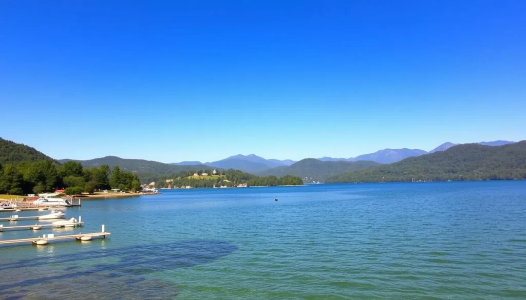 A serene lakefront landscape at Lake Lanier, Georgia, on a clear sunny day. In the foreground, crystal-clear waters reflect the surrounding lush greenery and distant mountains. Docks and boats dot the shoreline, inviting visitors to explore the lake. The middle ground features rolling hills and dense forests, while the background showcases the majestic Blue Ridge Mountains, their peaks bathed in soft, warm light. The scene exudes a sense of tranquility and natural beauty, capturing the essence of Georgia's premier recreational destination.