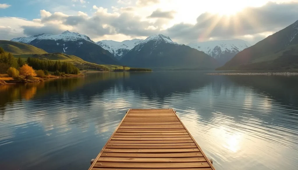 A serene lakeside landscape at Lake Oyeren, Norway. In the foreground, a picturesque wooden dock juts out into the tranquil waters, inviting visitors to sit and enjoy the breathtaking view. The middle ground features lush, verdant trees and rolling hills that gently slope down to the lake's edge. In the background, majestic snow-capped mountains rise up, their peaks reflecting in the still, mirror-like surface of the lake. The warm, golden sunlight filters through the clouds, casting a soft, diffused glow over the entire scene. The overall atmosphere is one of peaceful relaxation, perfect for a leisurely picnic or serene moment of contemplation.