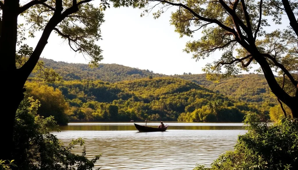 A serene lakeside landscape in Brokopondo, Suriname, captured on a bright, sunny day. In the foreground, a pristine body of water reflects the lush, verdant foliage lining its shores. Towering trees, their branches casting delicate shadows, frame the tranquil scene. In the middle ground, a traditional wooden boat gently sways, inviting exploration of the hidden coves and inlets beyond. The background is dominated by rolling hills blanketed in a verdant tapestry of tropical vegetation, creating a sense of seclusion and natural wonder. Warm, diffused lighting casts a golden glow, accentuating the serene atmosphere and highlighting the region's untamed beauty.