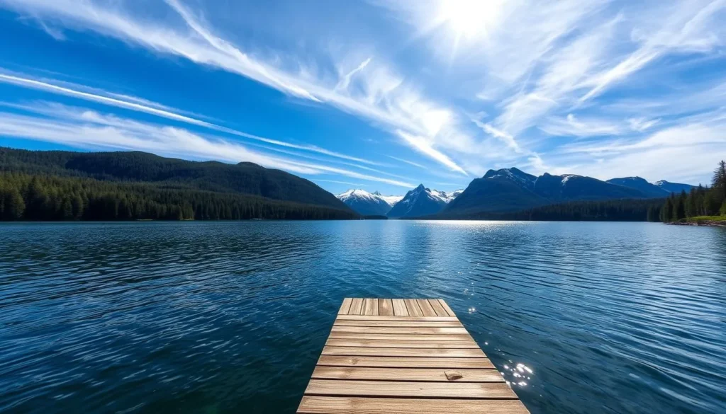 A serene lakeside landscape in Norway's countryside. Lush evergreen forests frame the tranquil waters of Lake Vansjo, reflecting the azure sky and wispy clouds above. In the foreground, a wooden dock juts out, inviting visitors to take in the breathtaking natural beauty. Sunlight dances on the rippling surface, casting a warm glow over the scene. Towering mountains rise in the distance, their snow-capped peaks piercing the horizon. The overall atmosphere is one of peaceful solitude, highlighting the hidden gem that is Lake Vansjo.
