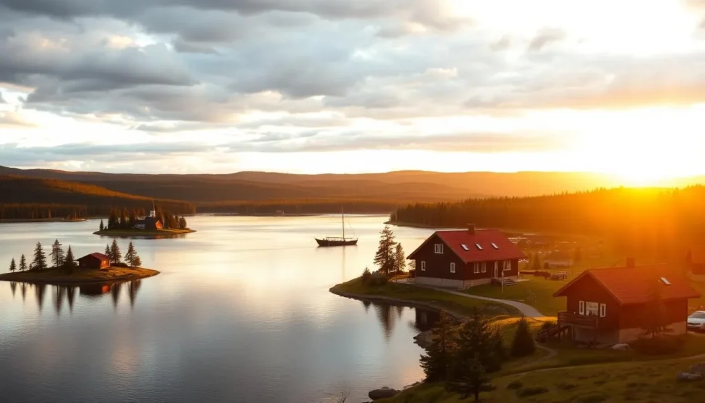 A serene lakeside landscape in the heart of Finnish Lakeland, bathed in the warm glow of a golden sunset. In the foreground, a pristine body of water reflects the surrounding pine-clad hills and the dramatic sky above. Dotting the shoreline, traditional red-roofed cottages stand in peaceful solitude, their windows aglow. In the middle distance, a small wooden boat drifts lazily, its occupants enjoying the tranquil moment. The background features a panoramic vista of rolling hills and forests, their colors shifting from emerald to amber. Capture the essence of this picturesque, unspoiled region, where nature's beauty shines in all its glory.