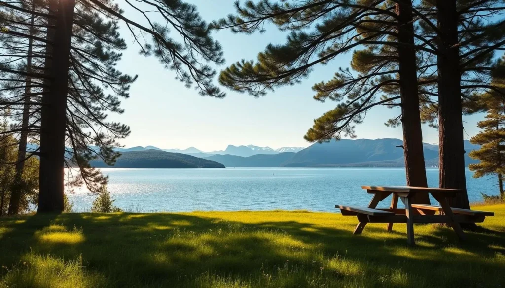 A serene lakeside picnic area at Lake Vansjo, Norway, on a sunny summer day. A lush, green meadow in the foreground, dotted with colorful wildflowers. A wooden picnic table and benches nestled under the shade of tall, majestic pine trees. In the middle ground, the calm, azure waters of the lake, reflecting the surrounding landscape. In the distance, rolling hills and snow-capped mountains create a breathtaking backdrop. Soft, warm lighting filters through the trees, casting a golden glow over the scene. The overall atmosphere is one of tranquility, inviting visitors to relax, dine, and enjoy the natural beauty of this idyllic spot.