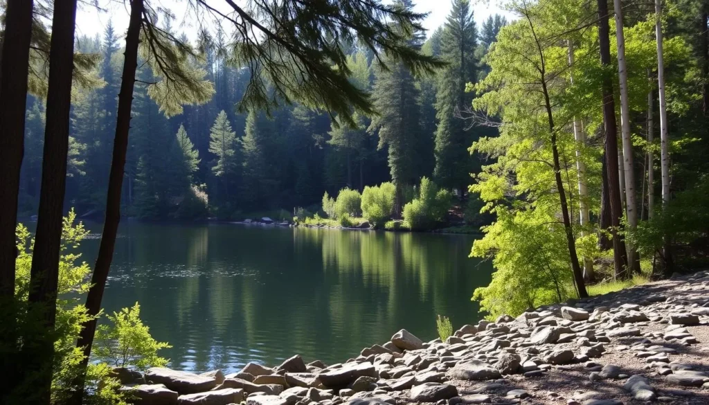 A serene lakeside scene along the picturesque shores of Lake Vermilion, Minnesota. The tranquil waters reflect the lush, verdant foliage lining the banks, creating a harmonious interplay of land and water. Towering pines and birch trees frame the landscape, casting soft, dappled shadows over the rocky shoreline. Sunlight filters through the canopy, illuminating the scene with a warm, golden glow. A gentle breeze ruffles the surface of the lake, hinting at the natural beauty and peaceful ambiance of this pristine, wilderness setting.
