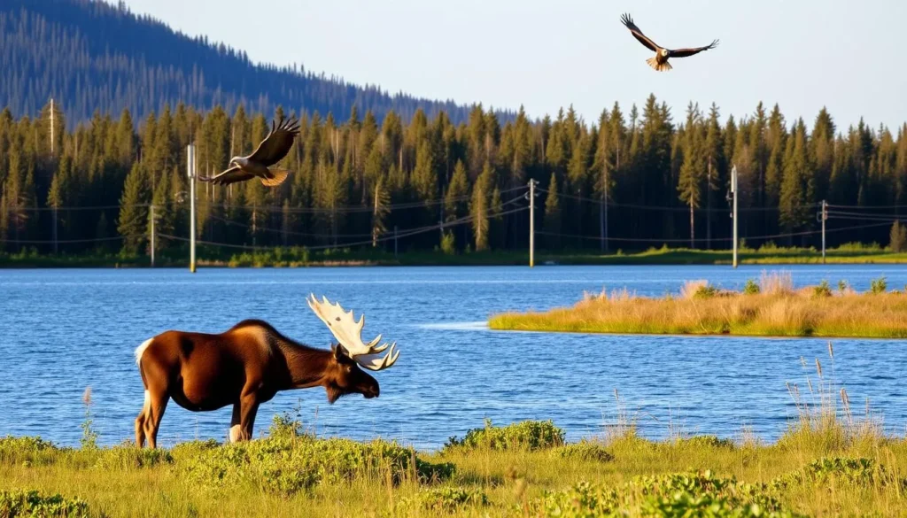 A serene lakeside scene at Lake Annette, Alberta, with a diverse array of native wildlife in their natural habitats. In the foreground, a majestic moose grazes peacefully on the lush vegetation by the water's edge, its antlers casting long shadows in the warm afternoon sunlight. In the middle ground, a pair of bald eagles soar effortlessly, their keen eyes scanning the lake for fish. In the background, a mixed forest of pine, birch, and aspen trees provides a lush, verdant backdrop, hinting at the rich biodiversity of the region. The overall atmosphere is one of tranquility and harmony, inviting the viewer to immerse themselves in the captivating world of Lake Annette's wildlife.