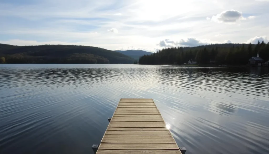 A serene lakeside scene at Lake Hjalmaren, Sweden. The calm waters reflect the surrounding trees and gentle hills. In the foreground, a small wooden dock extends into the lake, inviting visitors to stroll and take in the peaceful atmosphere. Soft sunlight filters through the clouds, casting a warm glow over the landscape. In the distance, a few traditional Swedish cottages dot the shoreline, hinting at the quaint charm of the area. The scene conveys a sense of tranquility and natural beauty, perfect for those seeking a relaxing getaway.