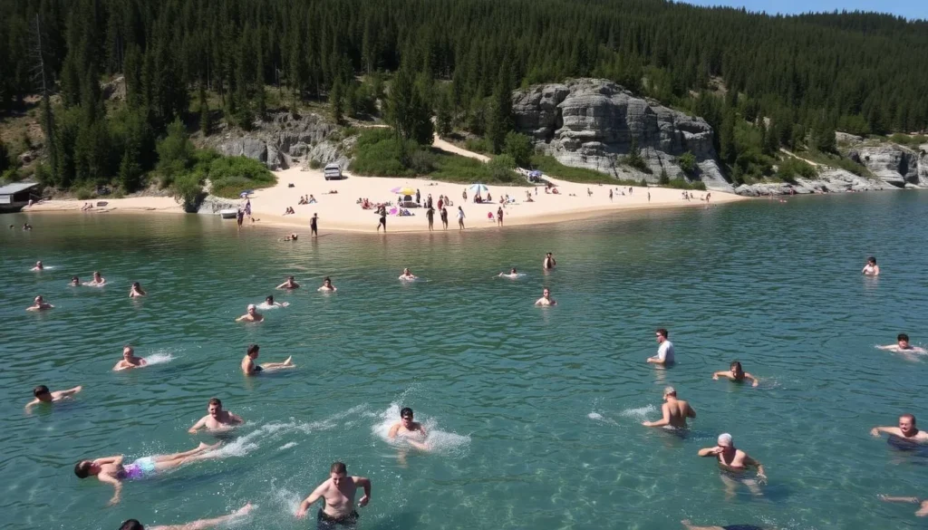 A serene lakeside scene at Lake Hornavan, Sweden, on a warm summer day. In the foreground, people of all ages swim and splash in the crystal-clear waters, enjoying the refreshing coolness. The middle ground features a sandy beach dotted with colorful beach towels, umbrellas, and people sunbathing, reading, or playing games. In the background, the rugged, forested shores rise up, with the bright midnight sun casting a warm, golden glow over the entire landscape. The scene exudes a sense of tranquility and leisure, capturing the essence of summer activities at this picturesque Scandinavian lake.