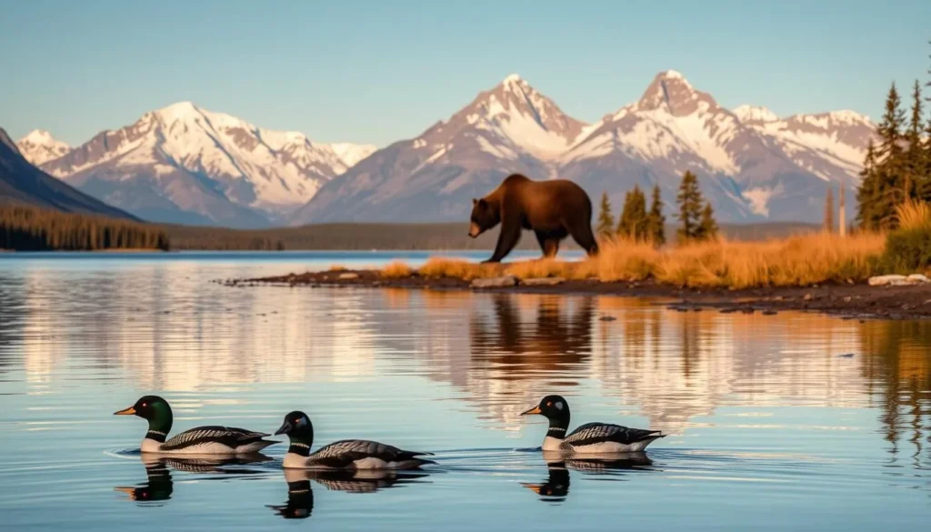 A serene lakeside scene at Lake Minnewanka, Alberta, with diverse wildlife thriving in the natural environment. In the foreground, a pair of loons gracefully glide across the calm, mirror-like surface of the lake, their distinctive black and white plumage reflecting in the water. In the middle ground, a grizzly bear forages along the shoreline, its powerful movements and majestic presence commanding attention. Behind them, the towering, snow-capped peaks of the Canadian Rockies rise majestically, bathed in the warm, golden light of the afternoon sun. The overall mood is one of tranquility and harmony, inviting the viewer to experience the beauty and richness of Lake Minnewanka's wildlife.