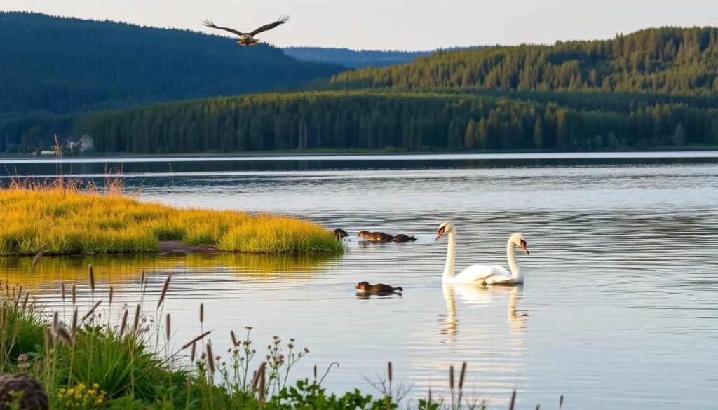 A serene lakeside scene at Lake Ovrekjala, Sweden, where diverse wildlife thrives. In the foreground, a pair of majestic swans gracefully glide across the calm, mirror-like waters, their white feathers shimmering in the soft, golden light. Along the shoreline, clusters of reeds and wildflowers sway gently in the light breeze. In the middle ground, a family of otters playfully frolics, while overhead, a hawk soars, scanning the landscape for prey. The background features densely forested hills, their verdant foliage creating a lush, natural backdrop. The overall atmosphere is one of tranquility and harmony, inviting visitors to immerse themselves in the beauty and serenity of this wildlife-rich environment.