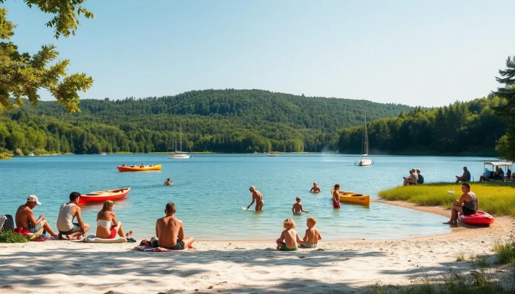 A serene lakeside scene during the vibrant Swedish summer. In the foreground, families relax on the sandy beach, children frolicking in the crystal-clear waters of Lake Vaddo. Kayaks and sailboats dot the middle ground, their masts and sails catching the gentle breeze. The backdrop showcases the lush, verdant forests surrounding the lake, their canopy dappling the scene with soft, warm light. Picnickers dot the grassy banks, enjoying the tranquil atmosphere and breathtaking vistas. The overall mood is one of peaceful leisure, capturing the quintessential allure of Lake Vaddo during the summer months.