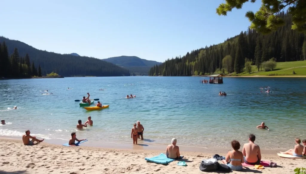A serene lakeside scene in Alberta's idyllic Lake Annette. Crystal-clear waters glisten under the warm summer sun, surrounded by lush evergreen forests and rolling hills. In the foreground, people lounge on the sandy beach, swimming, kayaking, and enjoying various water activities. In the middle ground, a group of friends picnics on the grassy shore, while in the background, a small wooden dock extends into the tranquil lake. The atmosphere is one of relaxation and outdoor adventure, with soft natural lighting and a sense of peaceful solitude.