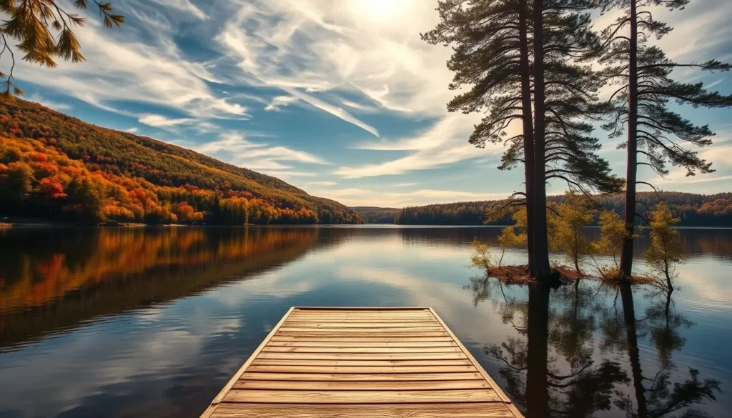 A serene lakeside scene in Helsingborg, Sweden. Rolling hills and lush forests frame a calm, mirror-like lake, reflecting the vibrant foliage and wispy clouds above. Sunlight dapples the water's surface, casting a warm, golden glow over the peaceful landscape. In the foreground, a wooden dock extends into the lake, inviting visitors to pause and take in the tranquil natural beauty. Tall, majestic pine trees line the shoreline, swaying gently in a light breeze. The overall atmosphere is one of serenity and a deep connection with the unspoiled, idyllic Swedish nature.