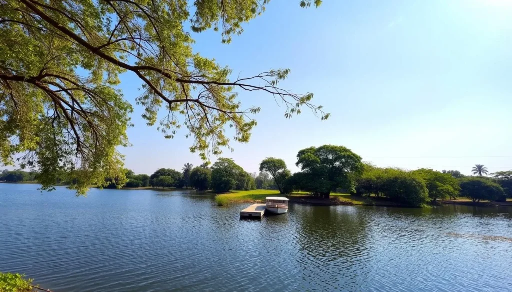 A serene lakeside scene in Nagpur, Maharashtra, with the calm waters of the lake reflecting the clear blue sky above. Lush green trees line the banks, their branches swaying gently in the soft breeze. In the middle ground, a picturesque boat dock invites visitors to explore the tranquil waters. The sun casts a warm, golden glow across the scene, creating a peaceful and inviting atmosphere. Capture this idyllic landscape through a wide-angle lens, showcasing the beauty and charm of Nagpur's natural surroundings during the best time to visit.