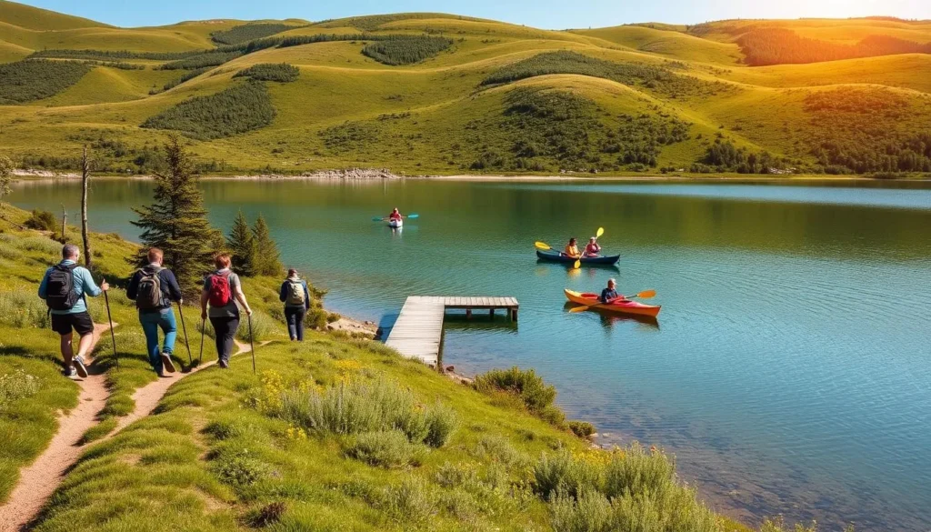 A serene lakeside scene in Sweden's Lake Vaddo region, showcasing sustainable tourism practices. In the foreground, a group of hikers explore a well-maintained trail, their footsteps barely making an impact on the lush, verdant landscape. Towards the middle, a small wooden jetty extends into the crystal-clear waters, where a group of kayakers glide silently, taking in the stunning natural beauty. In the background, rolling hills dotted with vibrant wildflowers frame the scene, bathed in the warm glow of the afternoon sun. The overall atmosphere conveys a sense of harmony between nature and human activity, highlighting the importance of responsible and sustainable tourism.