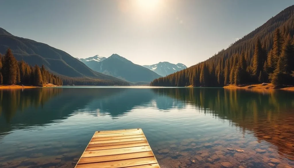 A serene lakeside scene with Lake Annette nestled amidst lush, verdant forests. The sun casts a warm, golden glow, reflecting off the calm, mirror-like surface of the water. In the foreground, a wooden dock extends out, inviting visitors to take in the tranquil beauty. Towering, snow-capped peaks rise in the distance, creating a breathtaking backdrop. Hikers and outdoor enthusiasts stroll along the well-maintained trails, exploring the natural wonders of the area. The overall atmosphere is one of peaceful contemplation, perfect for planning a memorable day trip to this picturesque Alberta destination.