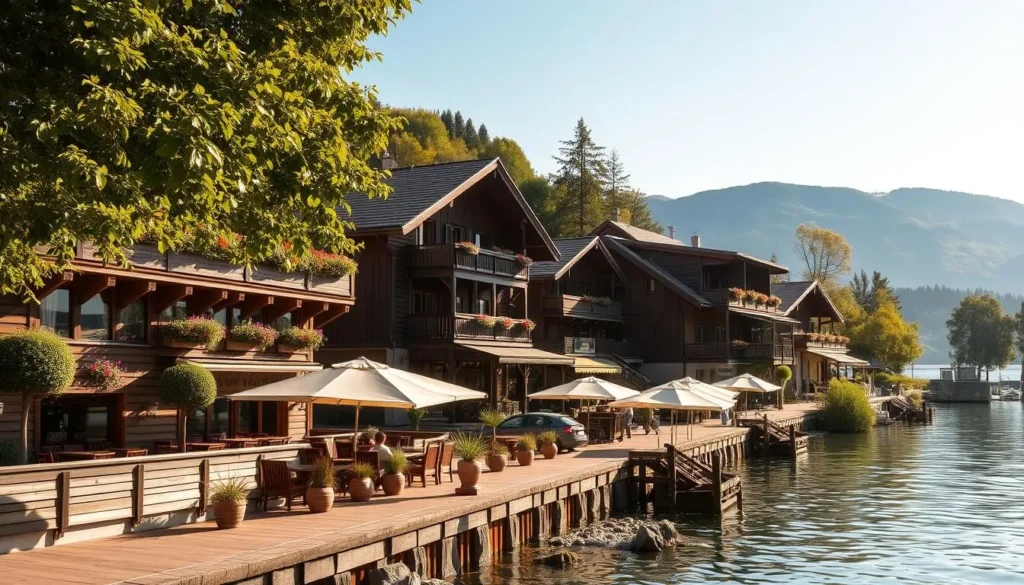 A serene lakeside setting, with charming wooden restaurants lining the shore. The buildings feature traditional alpine architecture, with cozy balconies and large windows offering panoramic views of the glistening lake. Outdoor seating areas are dotted with potted plants and inviting umbrellas, creating a welcoming atmosphere. Warm sunlight filters through the trees, casting a soft, golden glow over the scene. In the distance, the lake's calm waters stretch out, surrounded by lush, rolling hills. The overall impression is one of tranquility and picturesque beauty, perfectly capturing the essence of dining options around Lake Lipno.